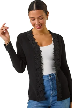 Roman Black Lace Trim Knit Cardigan