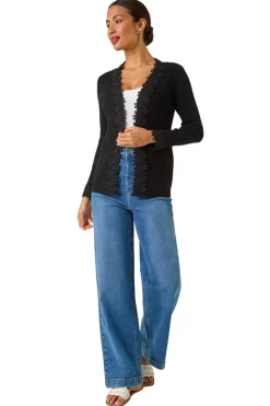 Roman Black Lace Trim Knit Cardigan