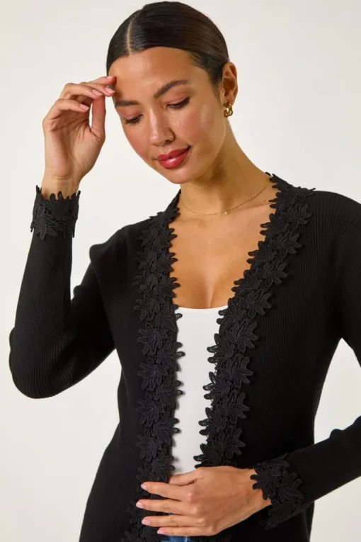 Roman Black Lace Trim Knit Cardigan