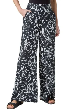 Roman Black Leaf Linen Blend Wide Leg Trousers