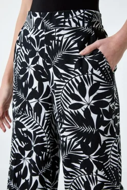 Roman Black Leaf Linen Blend Wide Leg Trousers