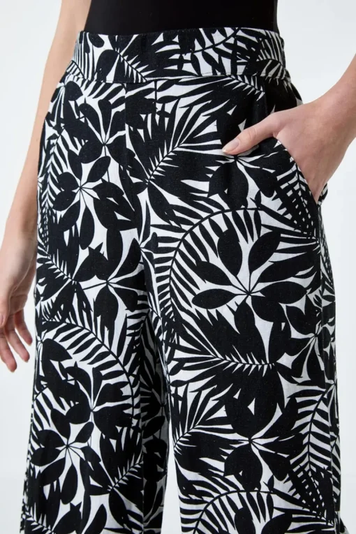 Roman Black Leaf Linen Blend Wide Leg Trousers