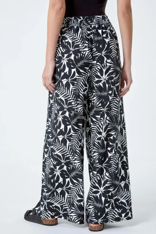 Roman Black Leaf Linen Blend Wide Leg Trousers