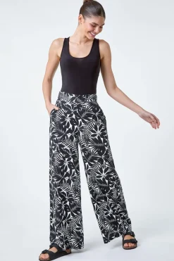 Roman Black Leaf Linen Blend Wide Leg Trousers