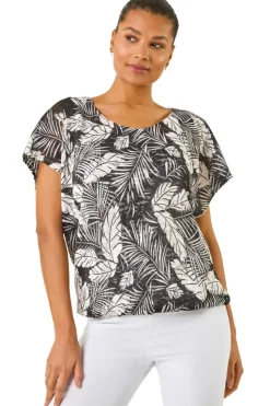 Roman Black Leaf Print Lace Bubble Hem Top