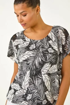 Roman Black Leaf Print Lace Bubble Hem Top