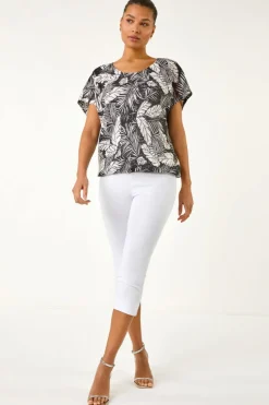 Roman Black Leaf Print Lace Bubble Hem Top