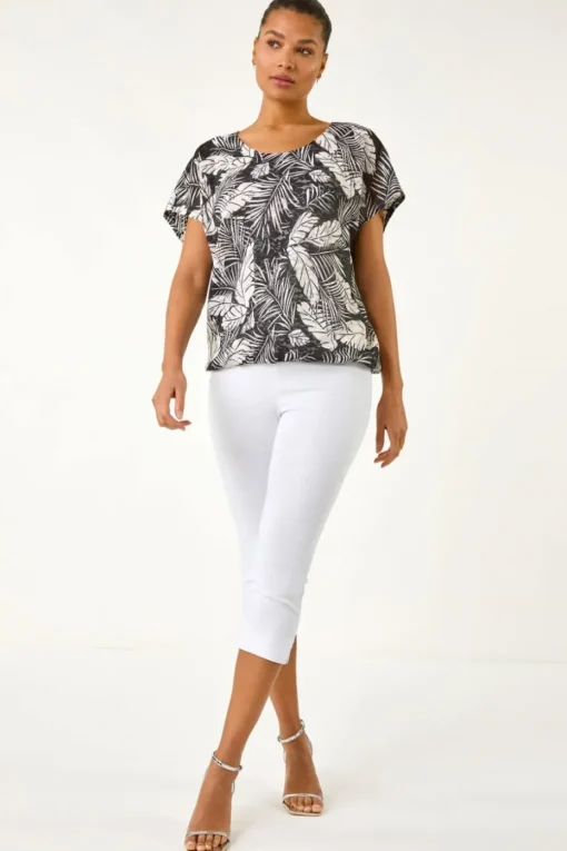 Roman Black Leaf Print Lace Bubble Hem Top