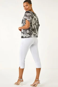 Roman Black Leaf Print Lace Bubble Hem Top