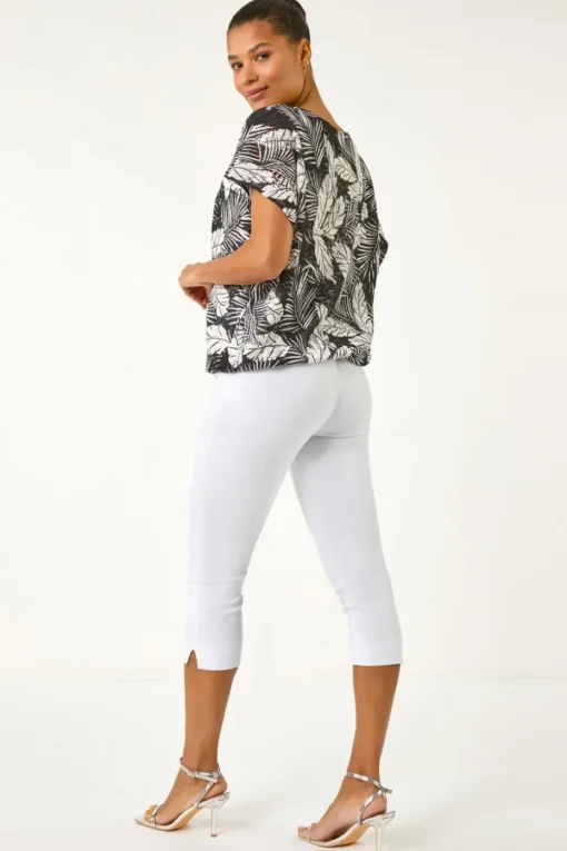 Roman Black Leaf Print Lace Bubble Hem Top