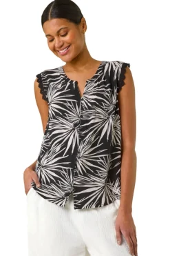 Roman Black Leaf Print Lace Detail Vest