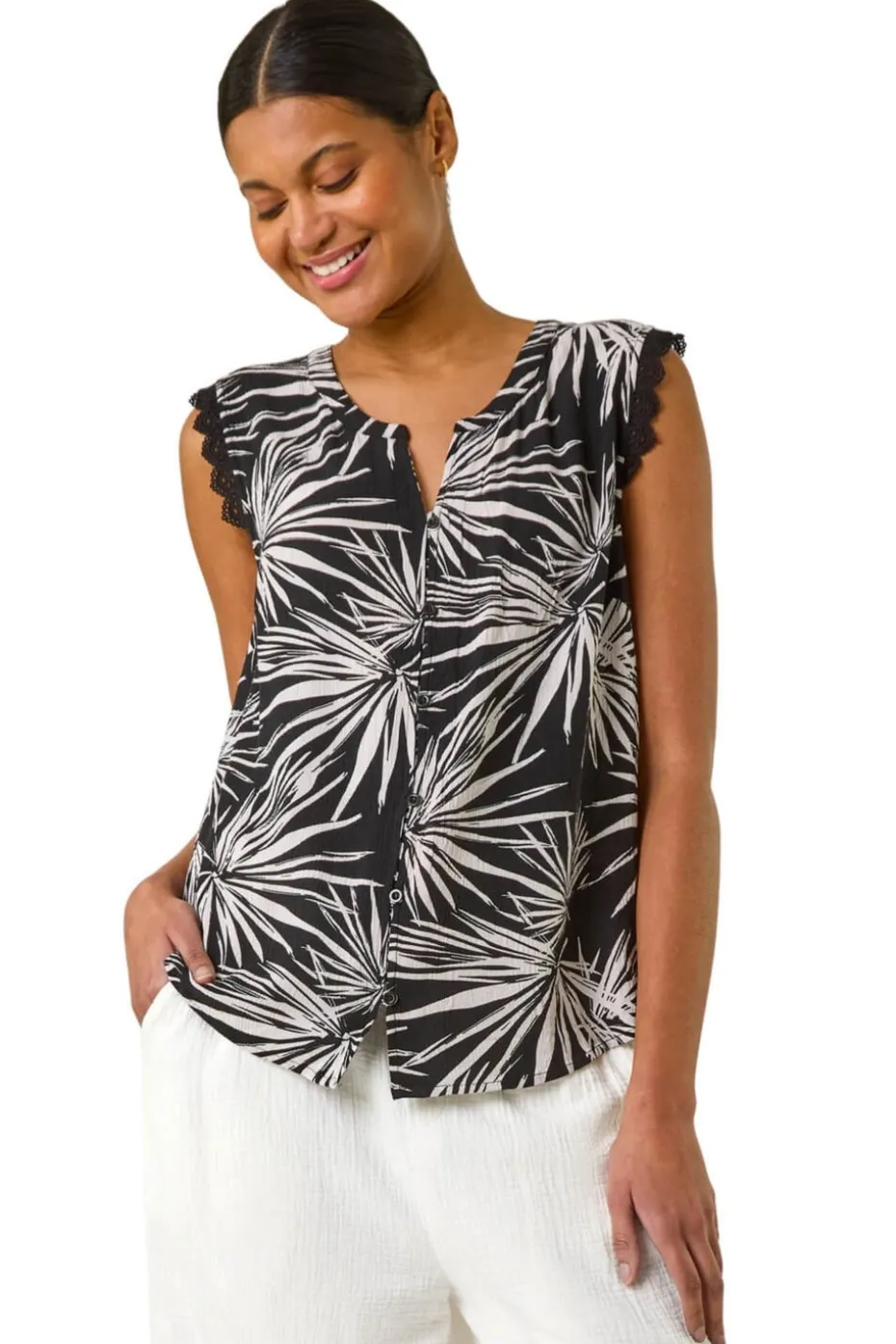 Roman Black Leaf Print Lace Detail Vest