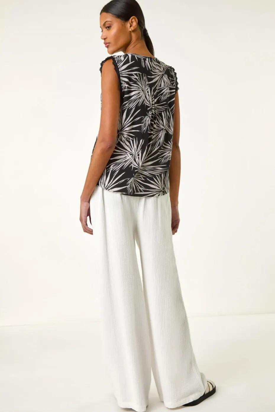 Roman Black Leaf Print Lace Detail Vest