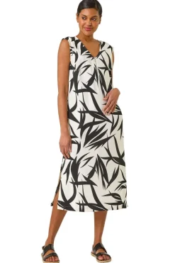 Roman Black Leaf Print Zip Front Midi Dress
