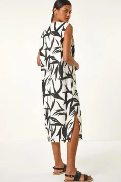 Roman Black Leaf Print Zip Front Midi Dress