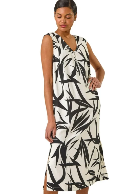 Roman Black Leaf Print Zip Front Midi Dress
