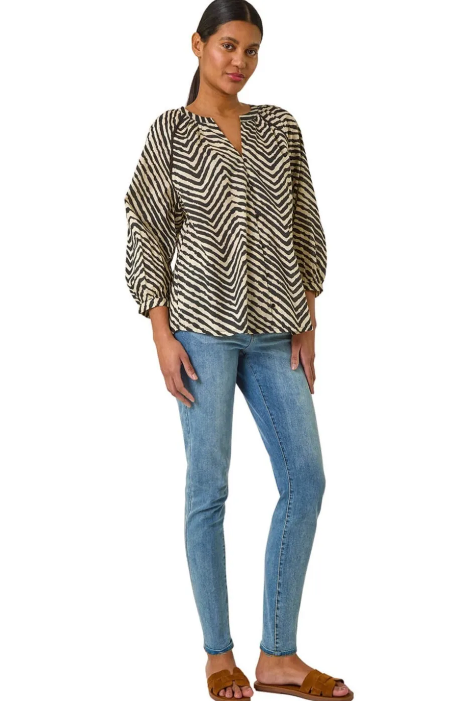 Roman Black Linear Print V-Neck Blouse