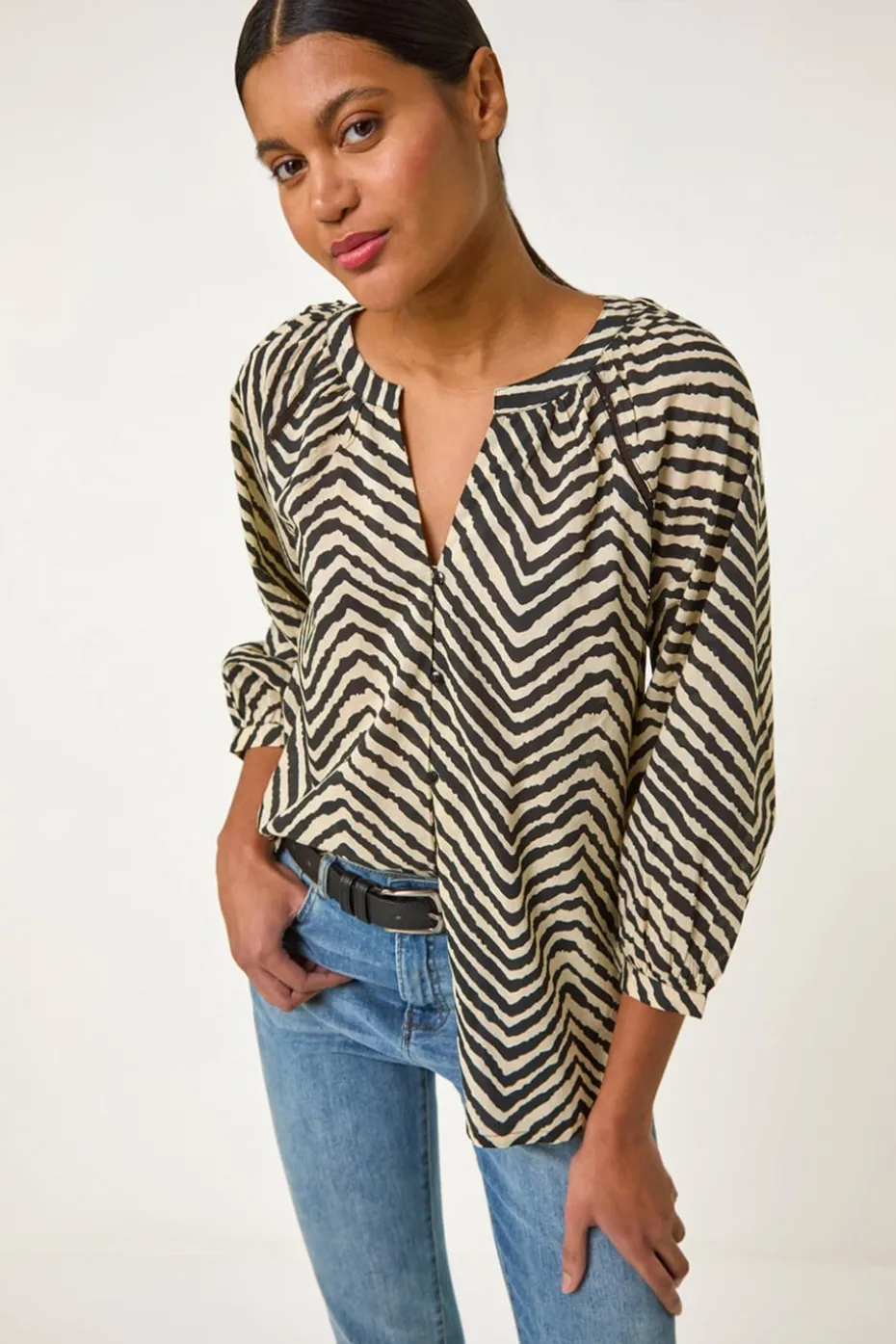 Roman Black Linear Print V-Neck Blouse