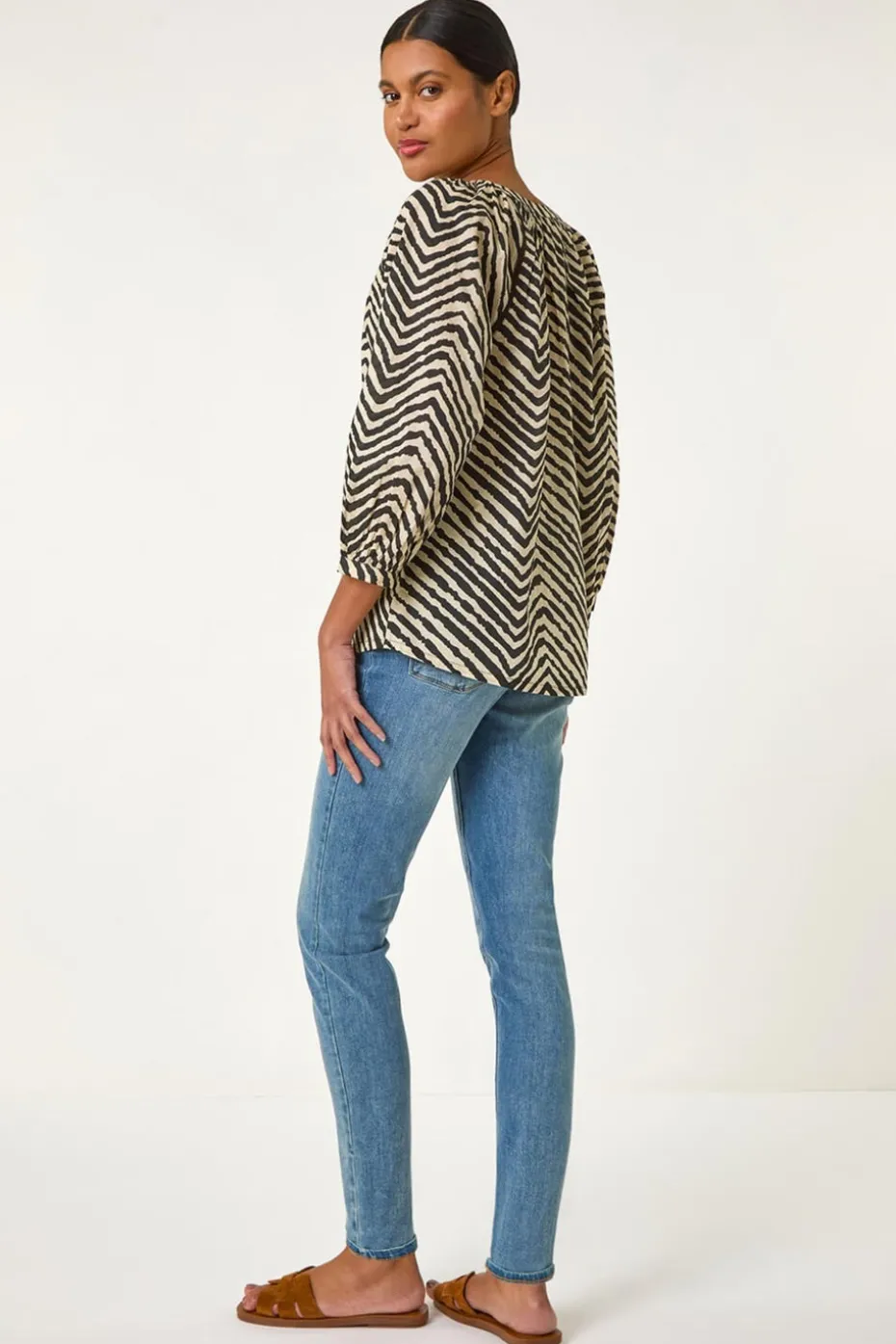 Roman Black Linear Print V-Neck Blouse