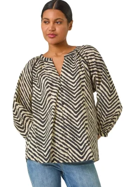 Roman Black Linear Print V-Neck Blouse