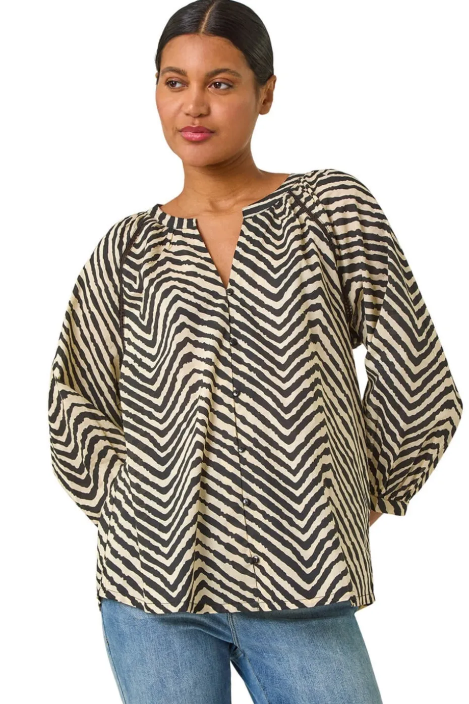 Roman Black Linear Print V-Neck Blouse