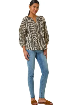 Roman Black Linear Print V-Neck Blouse