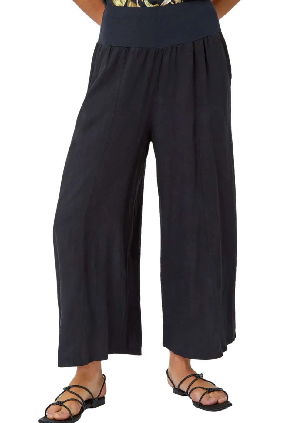 Roman Black Linen Blend Stretch Waist Culottes