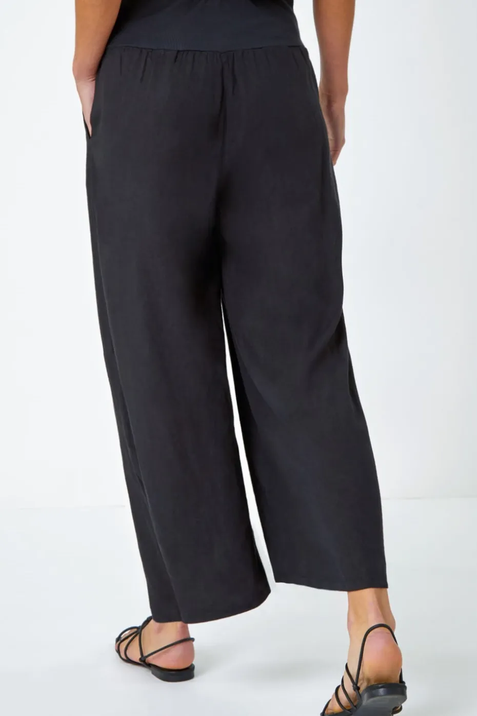 Roman Black Linen Blend Stretch Waist Culottes