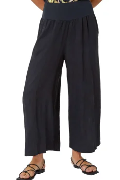 Roman Black Linen Blend Stretch Waist Culottes