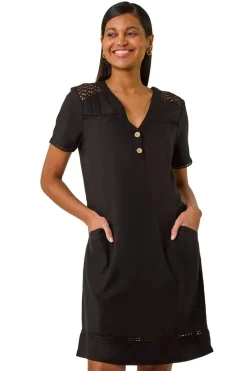Roman Black Linen Mix Button Shift Dress