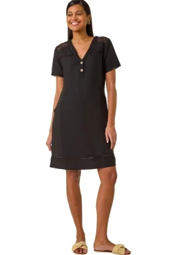 Roman Black Linen Mix Button Shift Dress