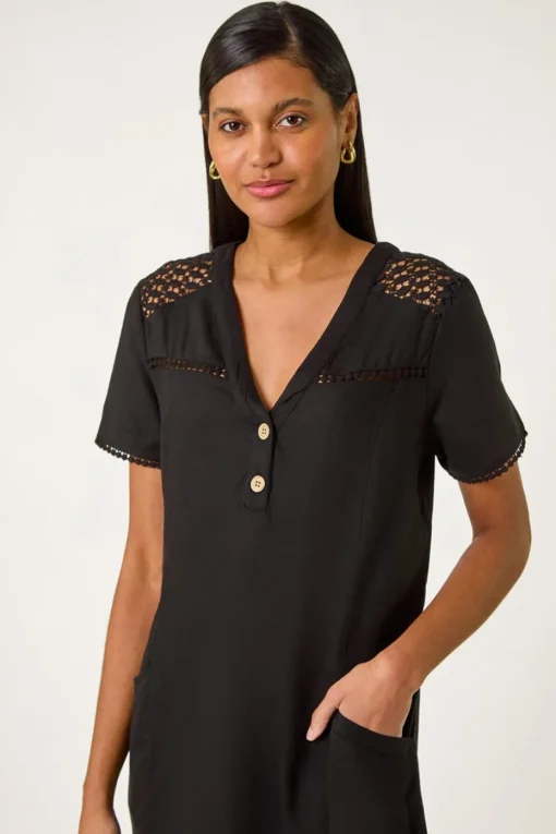 Roman Black Linen Mix Button Shift Dress