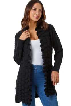 Roman Black Longline Ruffle Detail Cardigan