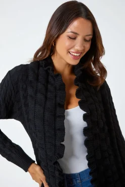 Roman Black Longline Ruffle Detail Cardigan