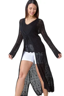Roman Black Longline Tie Cotton Blend Knit Cardigan