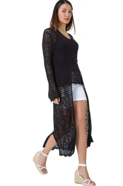 Roman Black Longline Tie Cotton Blend Knit Cardigan