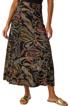 Roman Black Modern Paisley Print Midi Stretch Skirt