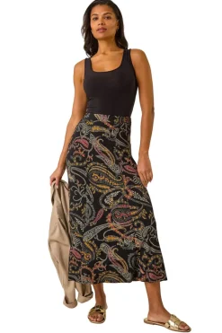 Roman Black Modern Paisley Print Midi Stretch Skirt