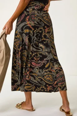 Roman Black Modern Paisley Print Midi Stretch Skirt