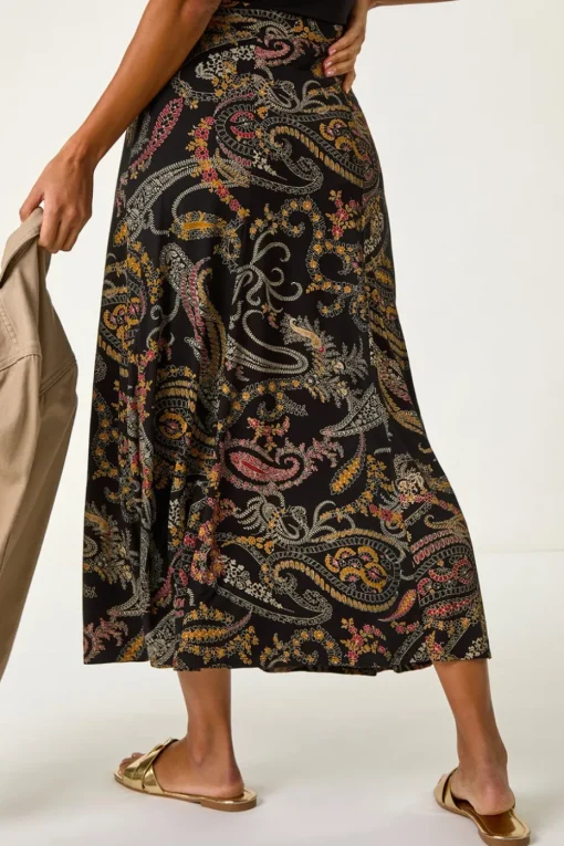 Roman Black Modern Paisley Print Midi Stretch Skirt