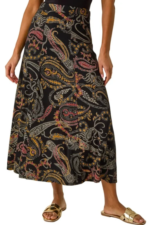 Roman Black Modern Paisley Print Midi Stretch Skirt