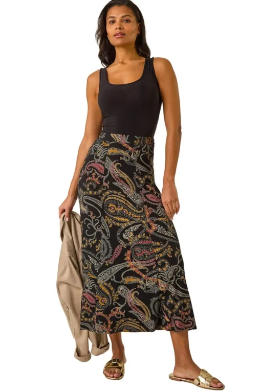 Roman Black Modern Paisley Print Midi Stretch Skirt