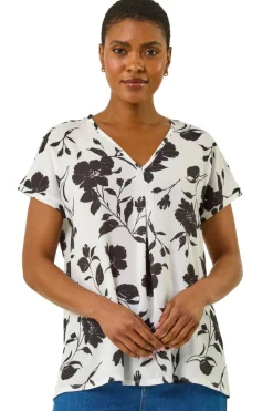 Roman Black Mono Floral Print Pleat Front Top