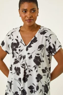 Roman Black Mono Floral Print Pleat Front Top