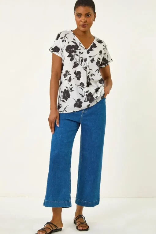 Roman Black Mono Floral Print Pleat Front Top