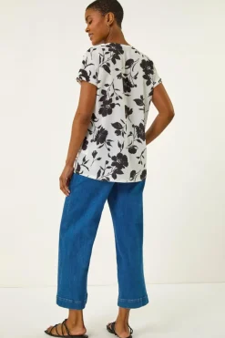 Roman Black Mono Floral Print Pleat Front Top