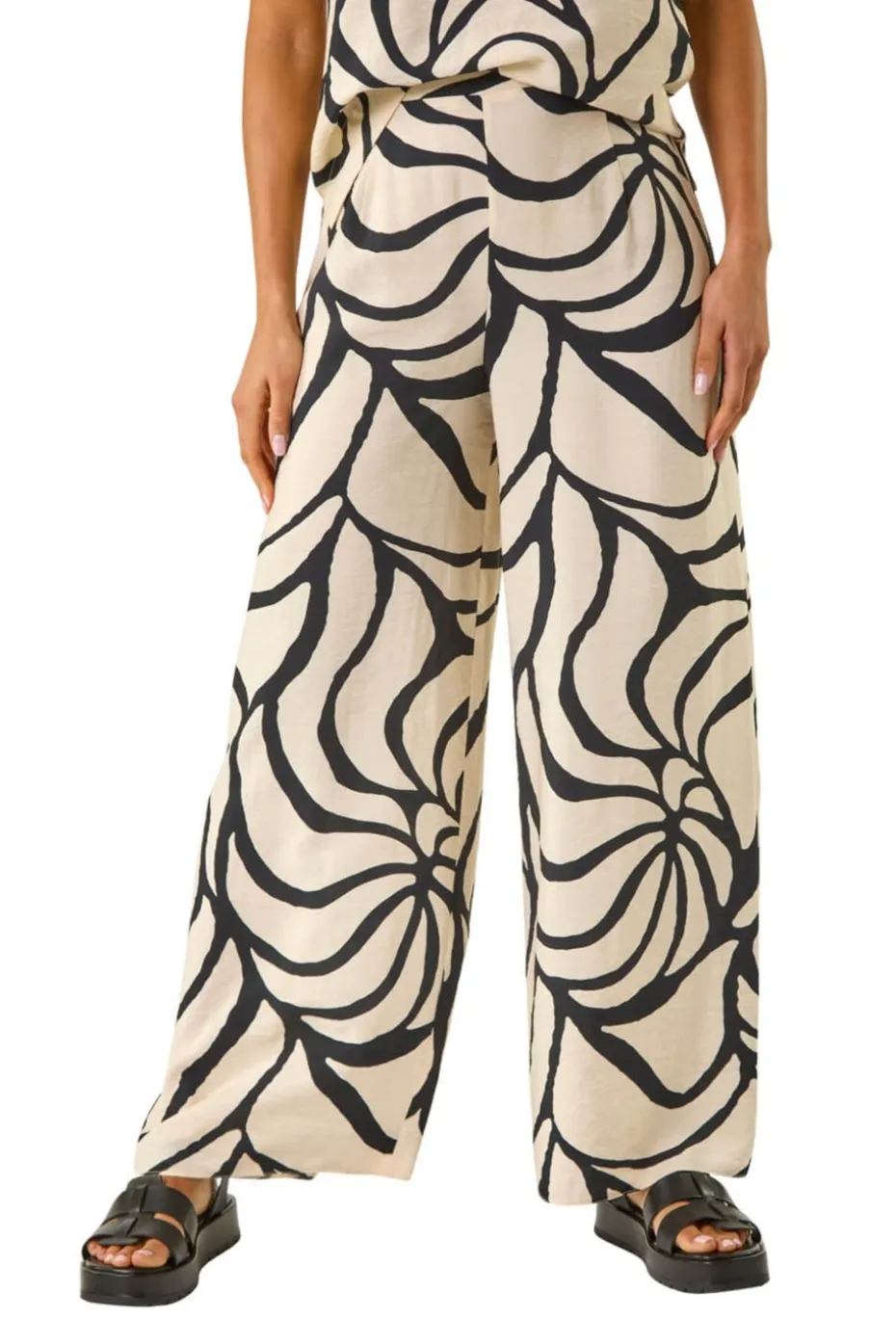 Roman Black Mono Floral Palm Print Wide Leg Trouser