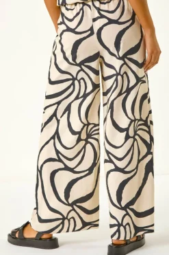 Roman Black Mono Floral Palm Print Wide Leg Trouser
