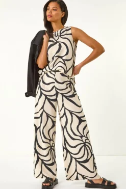 Roman Black Mono Floral Palm Print Wide Leg Trouser