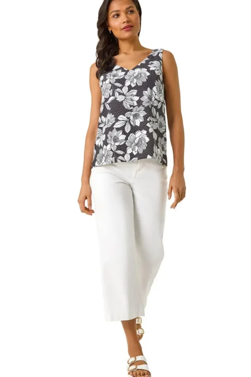 Roman Black Mono Floral Print V Neck Cami Top
